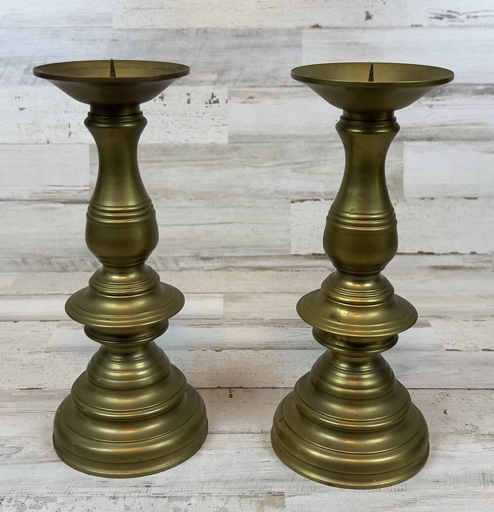 Pair Heavy Solid Brass Taper Candle Holders Traditional Gold Tone 9.5" Vintage
